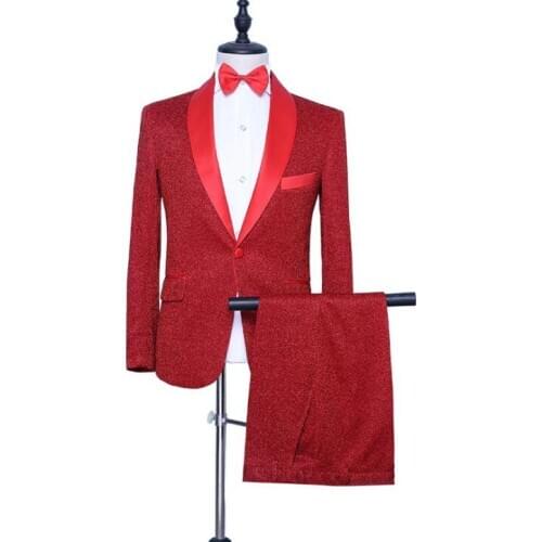 Red blazer men slim groom suit set with pants mens wedding suits costume singer star style dance stage clothing formal dress