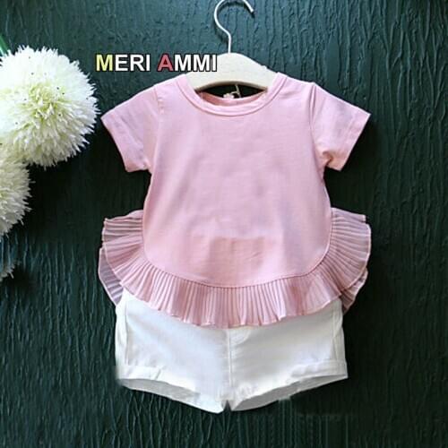 MERI AMMI For Children Girls' Clothing Outfit Set Floral Pleated Tee +Shorts For 2-7 Year Girl