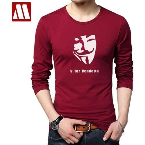 New Fashion V for Vendetta Printed Mens t shirts Solid Color Long Sleeve Slim Fit T Shirt Round neck Mans Casual Cotton T-Shirt
