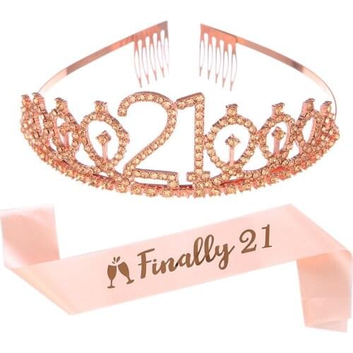 New Fashion Crystal Rhinestone Crown Headband 21st Birthday Headdress INALLY 21 Belt Etiquette Belt Party Supplies