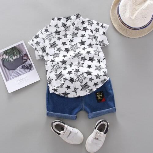 0-36M Baby Boy Clothes Toddler Kids Set Short Sleeve Stars Pattern Shirt Tops+ Denim Pants 2Pc Fashion Baby Boy Summer Clothing
