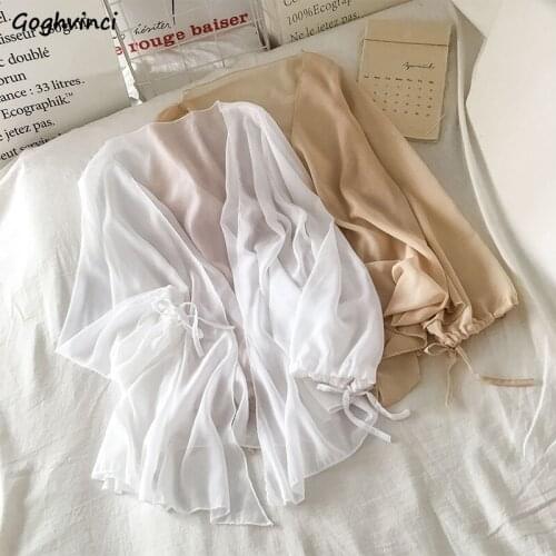 Solid Blouses Women Long Sleeve Sun-proof V-Neck Slim Trendy womens Tops Breathable Simple All-match Loose Elegant Summer Shirts