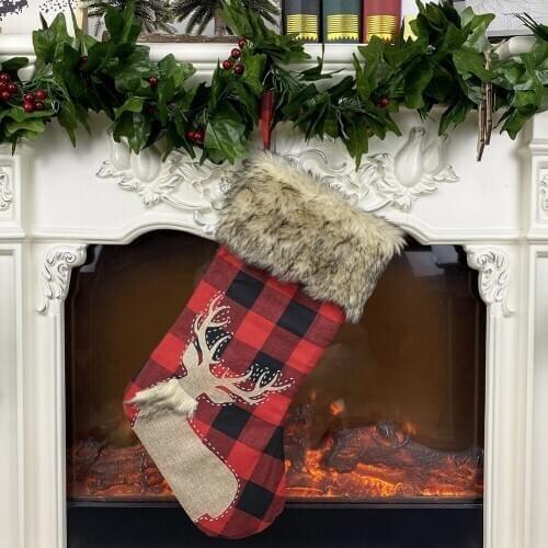 Christmas Burlap Plaid Stockings Women Santa Claus Snowman Reindeer Pattern Hanging Knit Border Candy Bag For Xmas Tree Creative