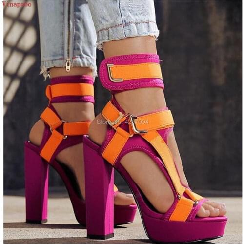 Summer Newest Women PVC Straps Patchwork Snake Print High Thick Heel Platform Sandals Ankle Wrap Chunky High Heel Sandals Heels