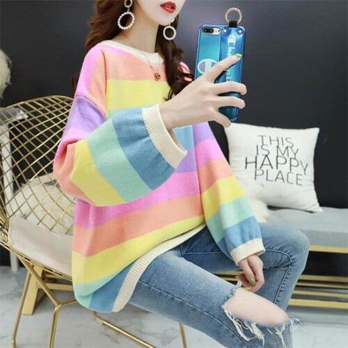 Rainbow striped sweater women loose pullover wild and very fairy autumn and winter 2021 new o neck full sleeve casual