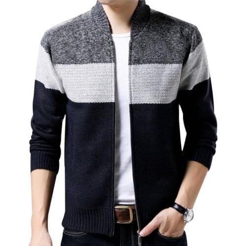 Thickened Plus Velvet Baseball Collar Jacket Men Knit Sweater Zip Cardigan Streetwear Autumn Winter Casual Clothes Mens Coat