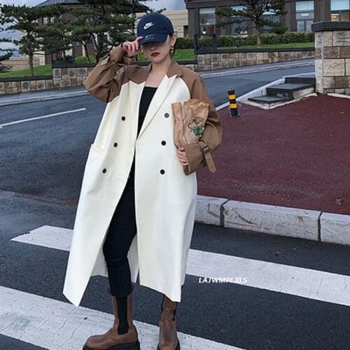 2021 Spring Casual Female New Long-sleeved Turn Down Collar Double Breasted Panelled Khaki Over Knee Windbreaker Overcoat