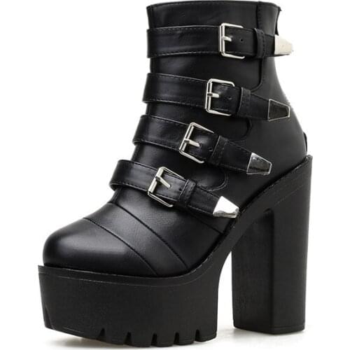 YMECHIC Black Gothic Punk Boots Belt Buckle Strap Womens Platform Goth Shoes Block Super High Heels Knight Biker Ankle Boots