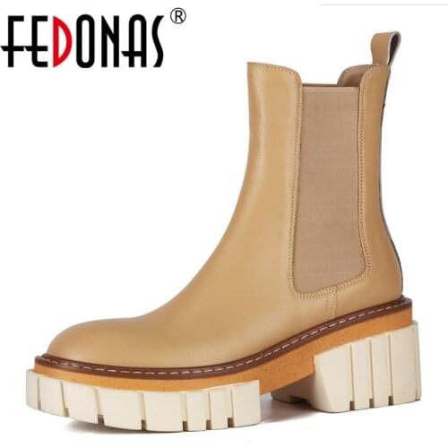 FEDONAS Round Toe Motorcle Boots For Women Elastic Band Genuine Leather Chunky Heels Shoes Woman Office Lady Working Ankle Boots