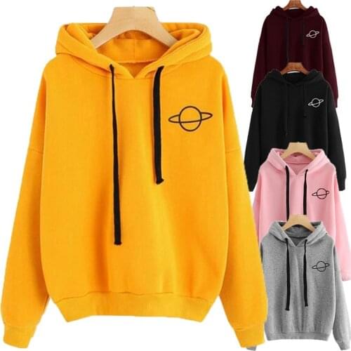 Women Hoodies Planet Print Casual Solid Loose Drawstring Sweatshirt Fashion Long Sleeve Hooded 2019 Autumn Female Pullover