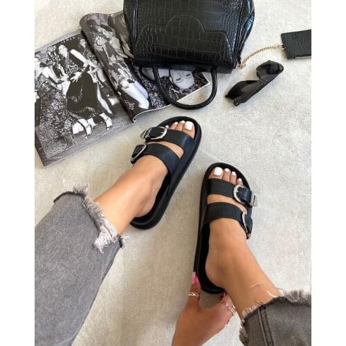 2021 summer new style fashion casual double row buckle open toe hollow solid color mid-heel female outdoor slippers