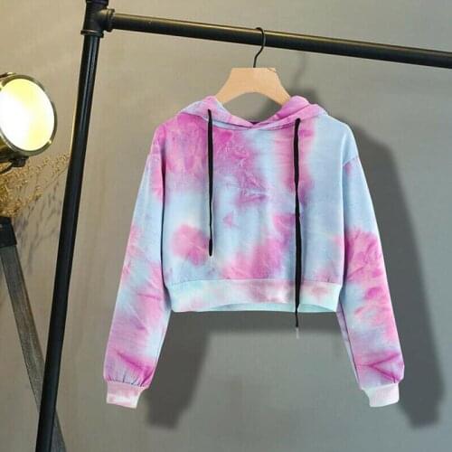 Purple Tie Dye Printing Short Hoodies Sweatshirt Women Casual Drawstring Thin Pullover Autumn Girl Long Sleeve Tops