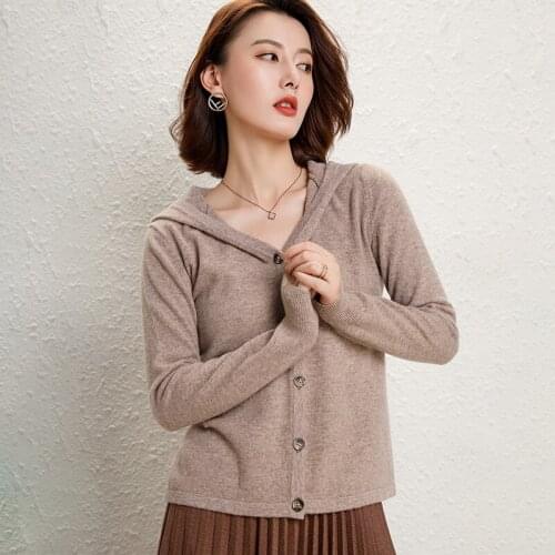 2021 Spring Autumn 100% Wool Sweater Women Knitted Hooded Warm Ladys Grade Up Cardigans Solid Soft Jacket Cashmere Coat