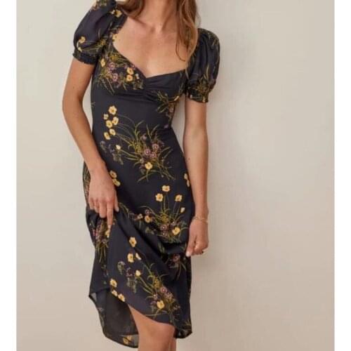 2021 Summer Flower Grass Print Square Collar Short sleeve Midi Dress Women Slim Waist Long Dresses Pullover Robe Vestido A573