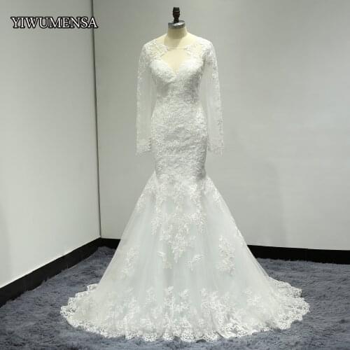 Sexy Illusion Wthie Tulle Boho Wedding Dresses 2020 Mermaid Long Sleeves Bridal Gowns Custom Made Lace Appliques Beading Dress