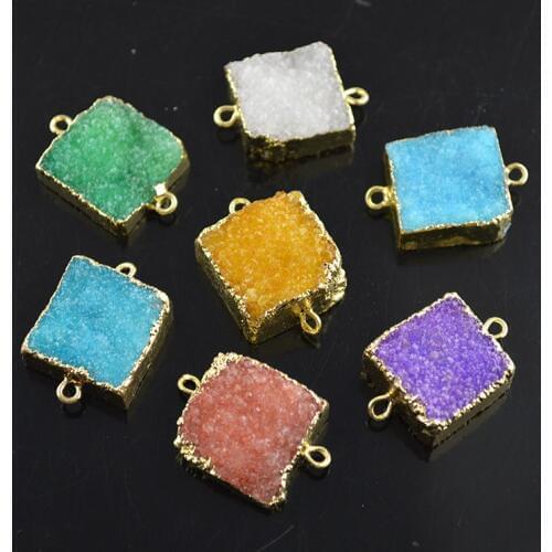 10PCS Mixed Color Cube Shape Druzy Pendant Crystal Drusy Double Side Connectors Gold Color Edge Gem Stone Connections