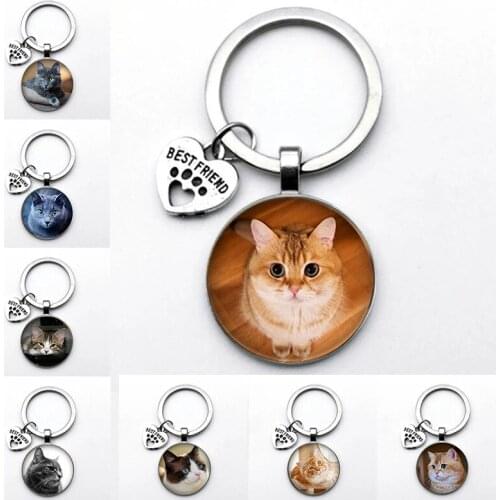 2021 Cute Pet Cat Key Ring Key Chain Glass Cabochon Charm Key Bag Pendant Handmade Animal Jewelry Drop Shipping
