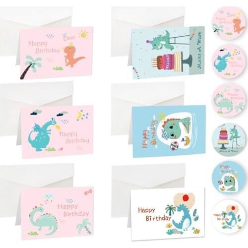 6sets Happy Birthday Gift Cards Cute Dinosaur Cartoon Greeting Cards with Envelopes Stickers Baby Shower Party Invitation Card