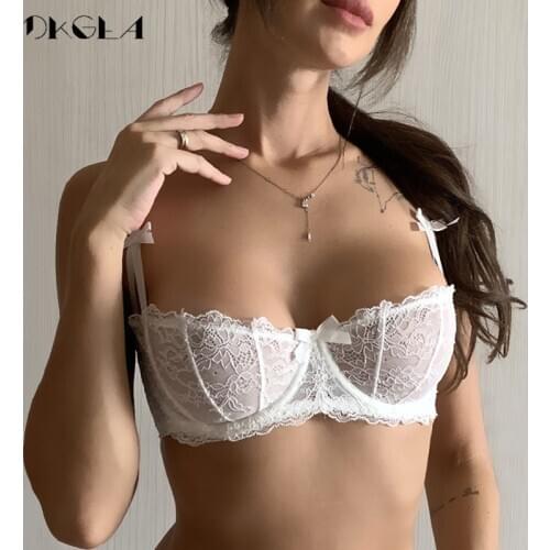 Ultrathin Underwear Plus Size 34 36 38 C D Cup Sexy Bras Embroidery Lingerie Lace Women Transparent Bra Half Cup White Brassiere