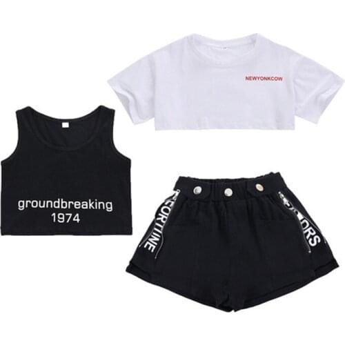 OPPERIAYA Kids Baby Girls Fashion 3-piece Summer Outfit Casual Set Short Sleeve Letter Print T-shirts Tanks Tops Shorts Set
