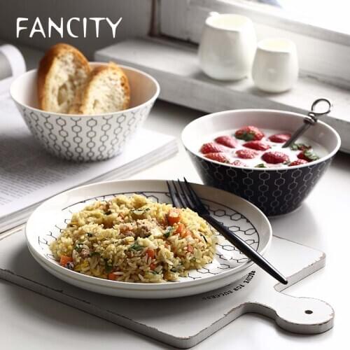 FANCITY Bone China in glaze tableware noodle bowl rice bowl breakfast inventory heart plate Western steak plate black and white