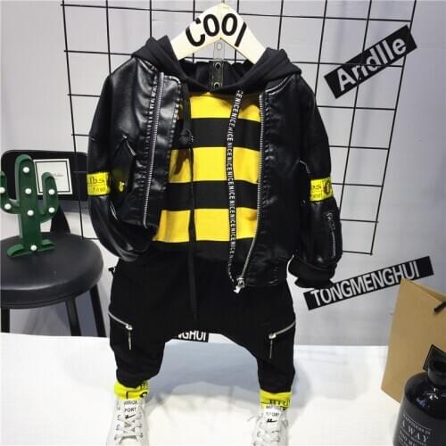 Autumn winter Children Clothes Set Baby Boys Clothing Set boys Faux leather coat + hoodie +pants Kids suit Boy 3pcs set 2-6years