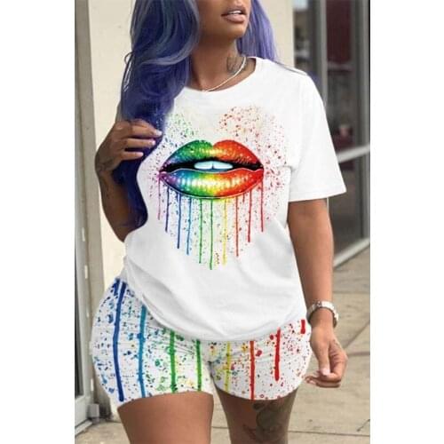 White Lips Print Two Pieces Outfit Sports Short Sets Workout Clothes Tracksuit Fashion Ladies Casual Suit Short Sleeve and Pants