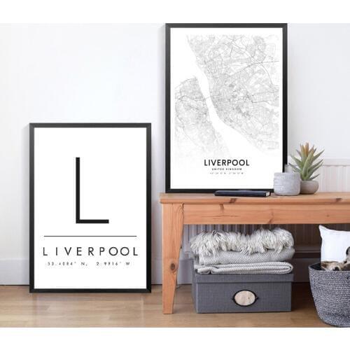 Liverpool City Coordinates Map Prints Black White Wall Art Pictures Housewarming Gift England Map Canvas Painting Office Decor