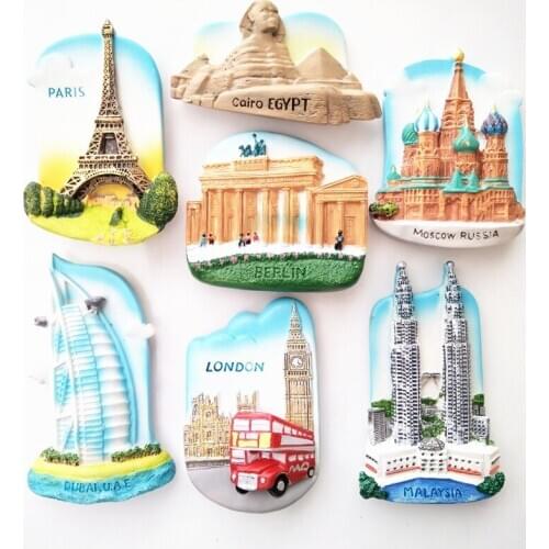 World travel memorial fridge magnet sphinx Paris Tower magnet sticker Moscow building Gemini building Russia Malaysia present