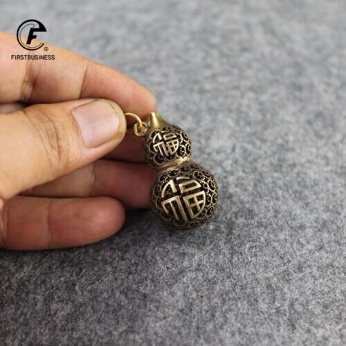 Vintage Copper Crafts Luckly Fu Gourd Figurine Tea Set Ornament Retro Brass Desk Decorations Home Decor Accessory Keyring Key