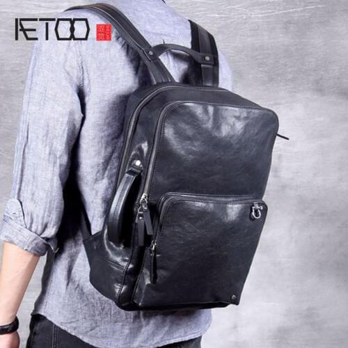 AETOO Simple leather shoulder bag, mens large-capacity head leather hand-held backpack