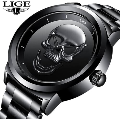 Men 3D Skull Watch LIGE Top Brand Quartz Stainless Steel Watchs Men Fashion Business Waterproof Creative Clock Relogio masculino