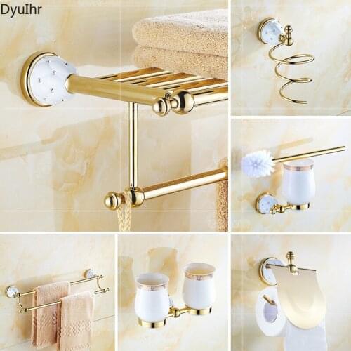 Bathroom Set Diamond Inlaid Bathroom Fixture Toilet Brush Holder Vacuum Coating Hardware Gold Accesorios para bano dorados