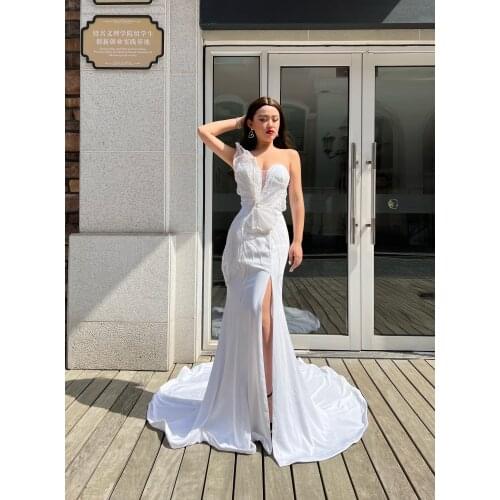 White Long Slit Gowns Fashion Ladies Eveningdress Luxury Party Dress Promdress Beading Sexy Mermaid For Women Wedding Party