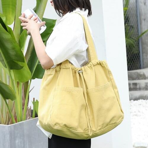 Leisure Rope-pulling Handbag Ins Retro Washing Canvas Bag Online Celebrity Fashion Single-shoulder Womens Bag