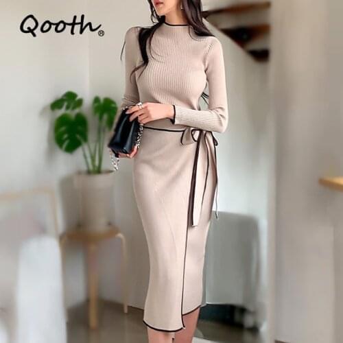 Модные вязаные платья Qooth China At AliExpress