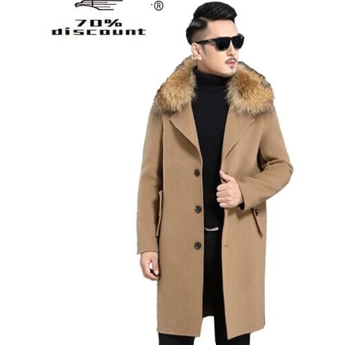 Woolen Coat Autumn Winter Jacket Men 200% Wool Coats Mens Raccoon Fur Collar Windbreaker Chaqueta JLK28AD28022 MY2369