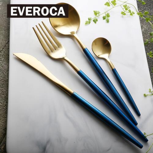 Blue Gold Stainless Steel Dinnerware Knife Fork Chopsticks Blue Silver Cutlery
