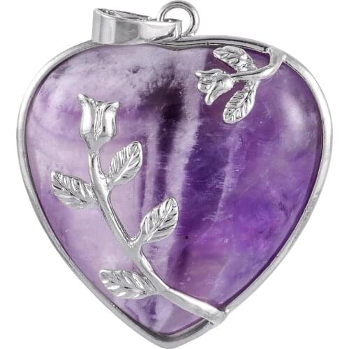 SUNYIK Heart Stone Rose Flower Pendant Necklace Sliver Color Reiki Gems Crystal Love Jewelry for Women Girls Gift