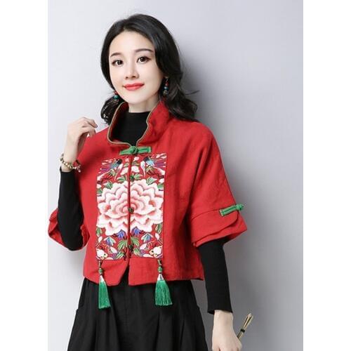 Cheongsam Top Qipao Ethnic Style Embroidery Traditional Chinese Clothing For Women Short Tops Red Black Chinese Qipao TA2145