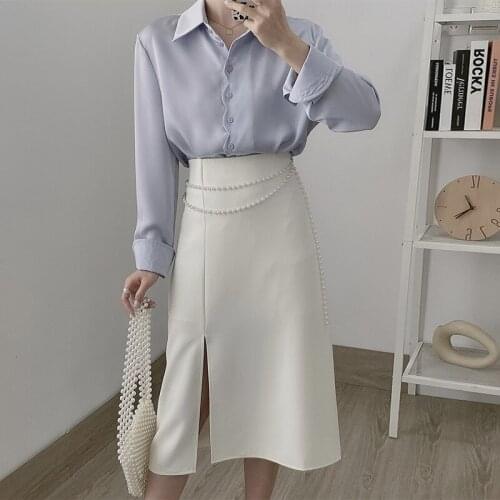 Spring Women High Waist Pearl decoration Bodycon Skirts Women Casual Solid Split Hem Skirts Elegant Mujer Faldas Jupe Femme 2021