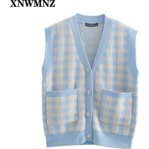 XNWMNZ Women 2021 y2k Fashion Oversized Check Knitted Vest Sweater Vintage V Neck Rhinestone Button Female Waistcoat Chic Tops