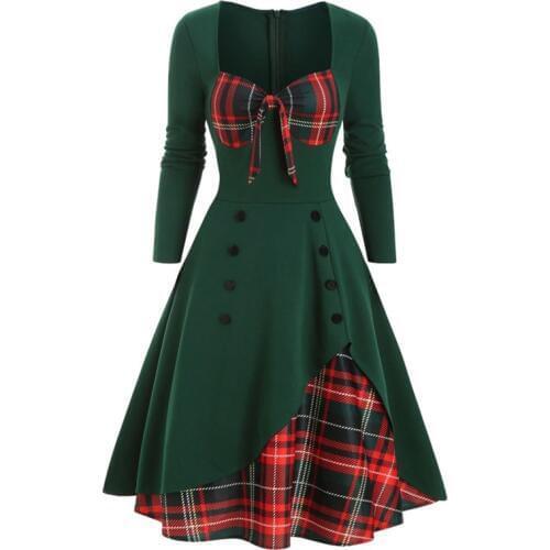 Vintage Long Sleeve Autumn Winter Green Dress African Ladies Plaid Patchwork Elegant Office Work Wear Plus Size Retro Midi Dress