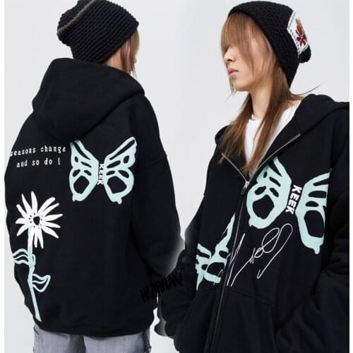 Vintage Flowers Print Oversized Hoodies Female Zip Up Long Sleeve Womens Sweatshirt Y2K Aesthetic Autumn Winter Grunge clothing