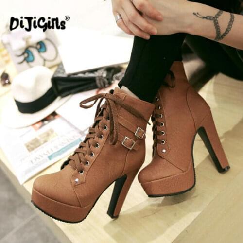 Plus Size Ankle Boots For Women Platform High Heels Female Lace Up Shoes Woman Buckle Short Boot Casual Ladies Footwear Dropship