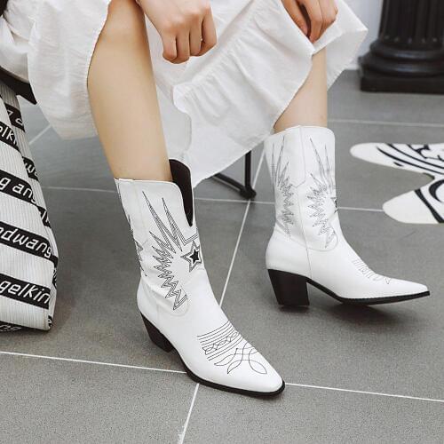 Women Wedge Heel Boots mid-calf chunky pointed toe boots2019 Classic Embroidered PU Boots Retro Western Cowboy Leather Boots for