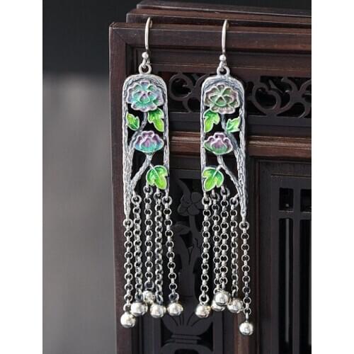 New style long tassel classical Thai silver woman earrings Cloisonne real S925 Sterling Silver Peony Flower Earrings for Woman
