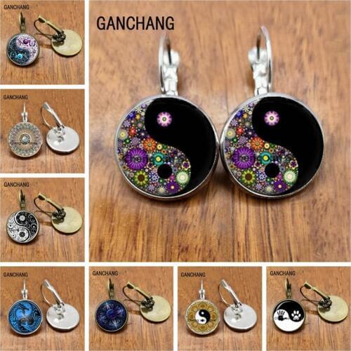 Ying Yang Mandala Glass Dome Cabin Pendant Earrings Vintage Bronze Lever Back Earrings Womens Girls Gifts