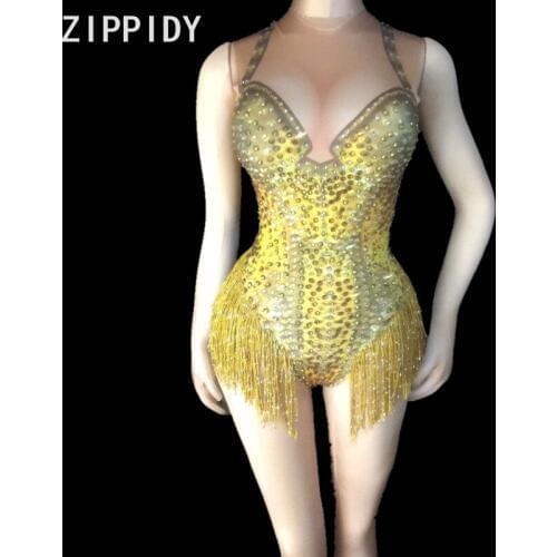 Gold Tassel Glisten Rhinestones Unique Bodysuit Womens Prom Party Wear Nightclub Singer Dancer Show Outfit Sexy Stretch Leotard
