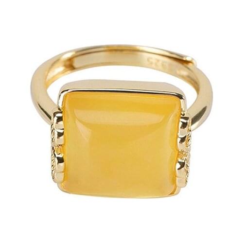 S925 sterling silver gold-plated natural amber ring personality retro national trend Ruyi Womens Open ring